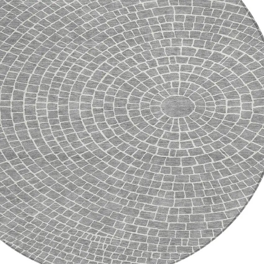 8' Gray And Ivory Round Geometric Washable Indoor Outdoor Area Rug Photo 2