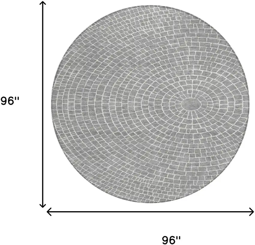 8' Gray And Ivory Round Geometric Washable Indoor Outdoor Area Rug Photo 8