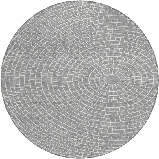 8' Gray And Ivory Round Geometric Washable Indoor Outdoor Area Rug Photo 1