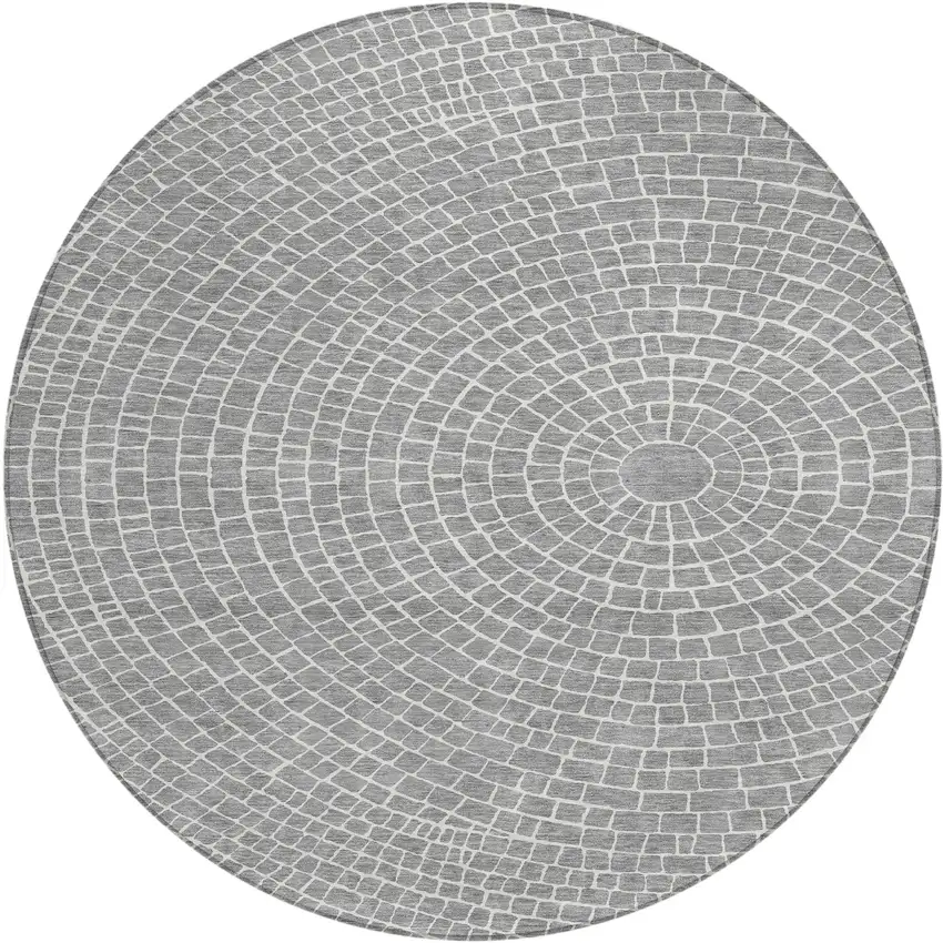 8' Gray And Ivory Round Geometric Washable Indoor Outdoor Area Rug Photo 1