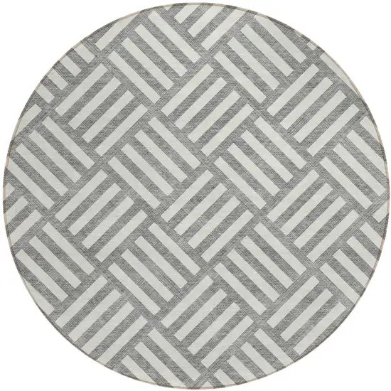 8' Gray And Ivory Round Geometric Washable Indoor Outdoor Area Rug Photo 2