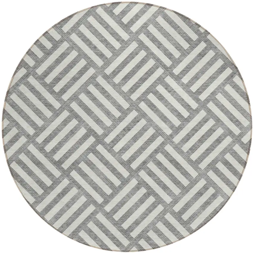 8' Gray And Ivory Round Geometric Washable Indoor Outdoor Area Rug Photo 2