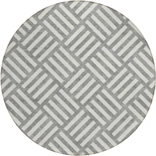 8' Gray And Ivory Round Geometric Washable Indoor Outdoor Area Rug Photo 2