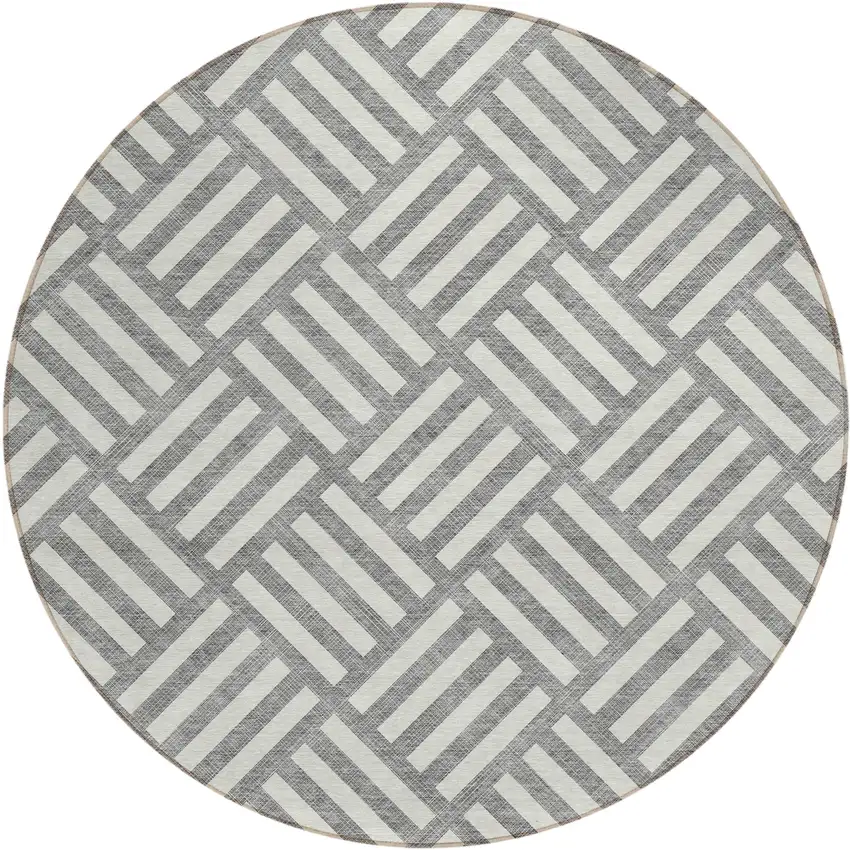 8' Gray And Ivory Round Geometric Washable Indoor Outdoor Area Rug Photo 2