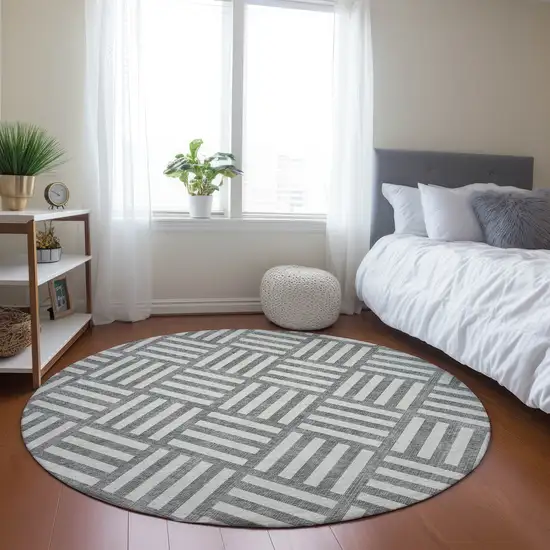 8' Gray And Ivory Round Geometric Washable Indoor Outdoor Area Rug Photo 6