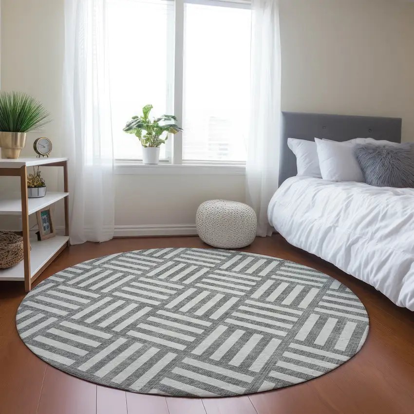 8' Gray And Ivory Round Geometric Washable Indoor Outdoor Area Rug Photo 6