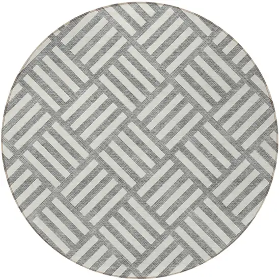 8' Gray And Ivory Round Geometric Washable Indoor Outdoor Area Rug Photo 4