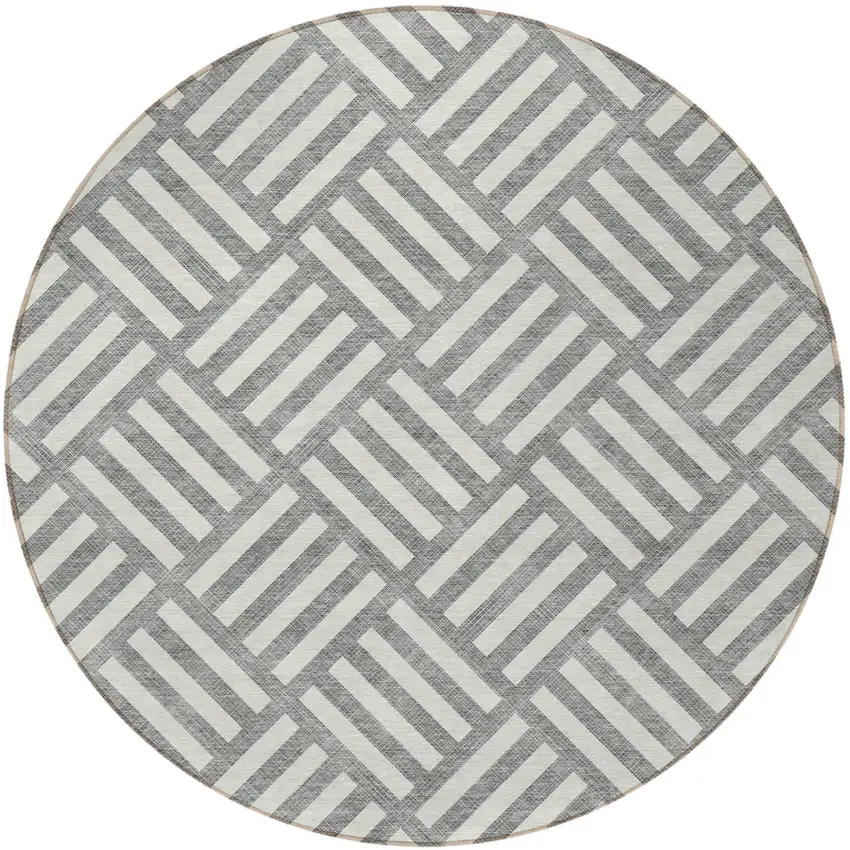 8' Gray And Ivory Round Geometric Washable Indoor Outdoor Area Rug Photo 4