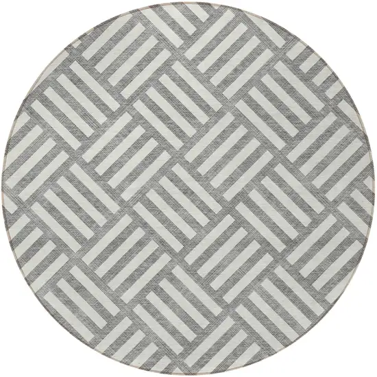 8' Gray And Ivory Round Geometric Washable Indoor Outdoor Area Rug Photo 4