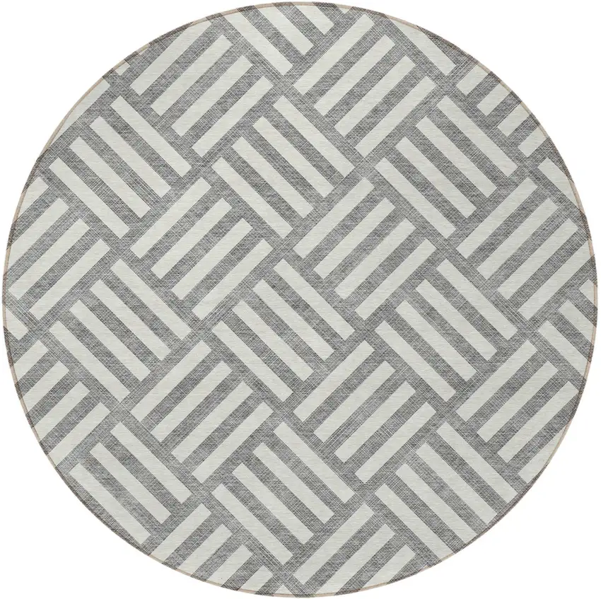 8' Gray And Ivory Round Geometric Washable Indoor Outdoor Area Rug Photo 4