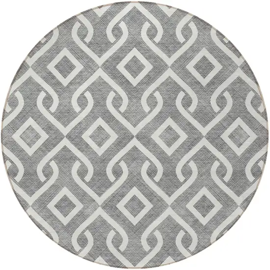 8' Gray And Ivory Round Geometric Washable Indoor Outdoor Area Rug Photo 4