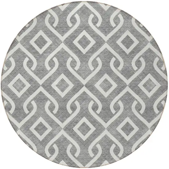 8' Gray And Ivory Round Geometric Washable Indoor Outdoor Area Rug Photo 4
