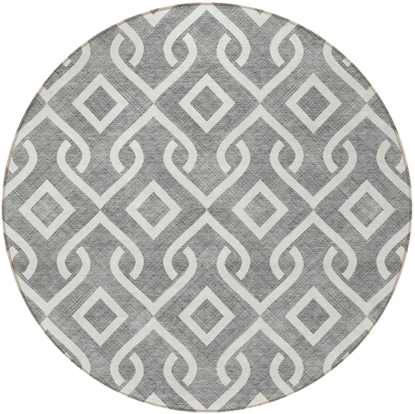 8' Gray And Ivory Round Geometric Washable Indoor Outdoor Area Rug Photo 4