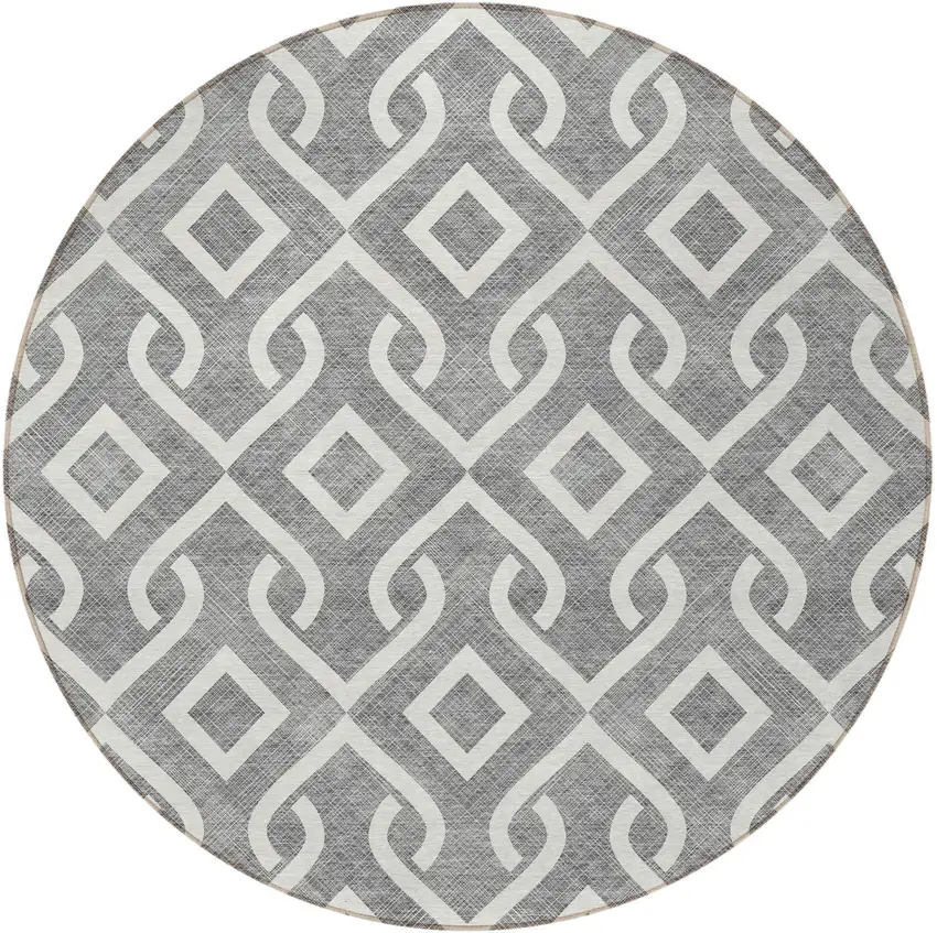8' Gray And Ivory Round Geometric Washable Indoor Outdoor Area Rug Photo 4