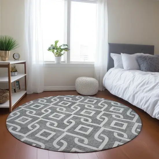 8' Gray And Ivory Round Geometric Washable Indoor Outdoor Area Rug Photo 6