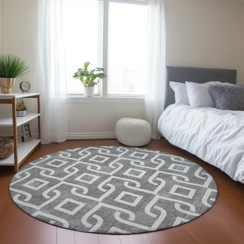 8' Gray And Ivory Round Geometric Washable Indoor Outdoor Area Rug Photo 6