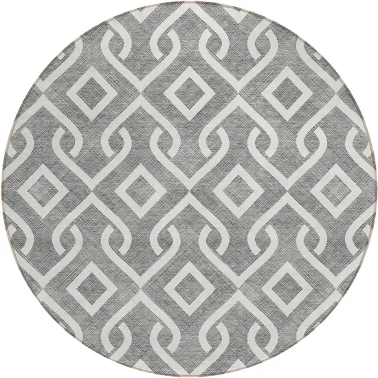 8' Gray And Ivory Round Geometric Washable Indoor Outdoor Area Rug Photo 2