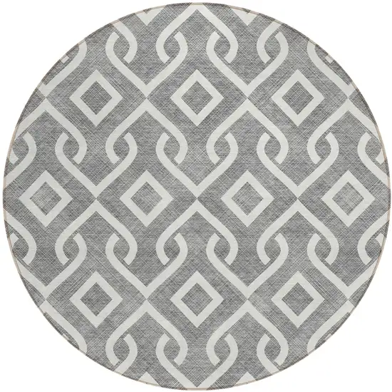 8' Gray And Ivory Round Geometric Washable Indoor Outdoor Area Rug Photo 2