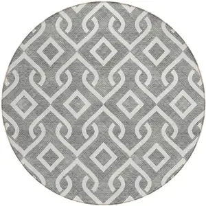 Photo of 8' Gray And Ivory Round Geometric Washable Indoor Outdoor Area Rug
