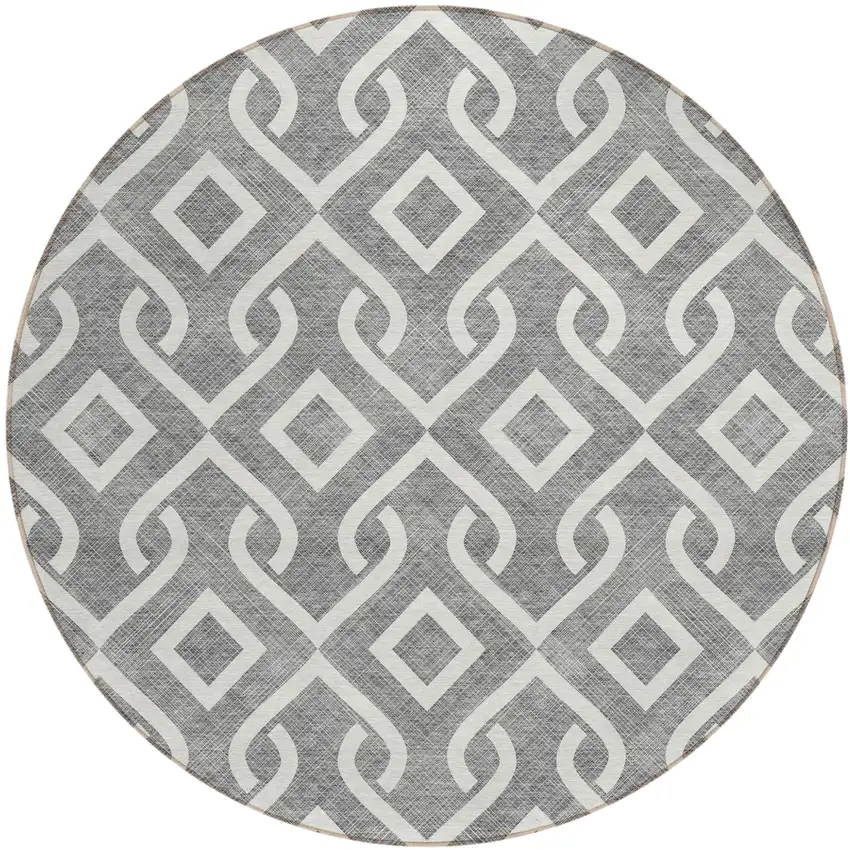 8' Gray And Ivory Round Geometric Washable Indoor Outdoor Area Rug Photo 2