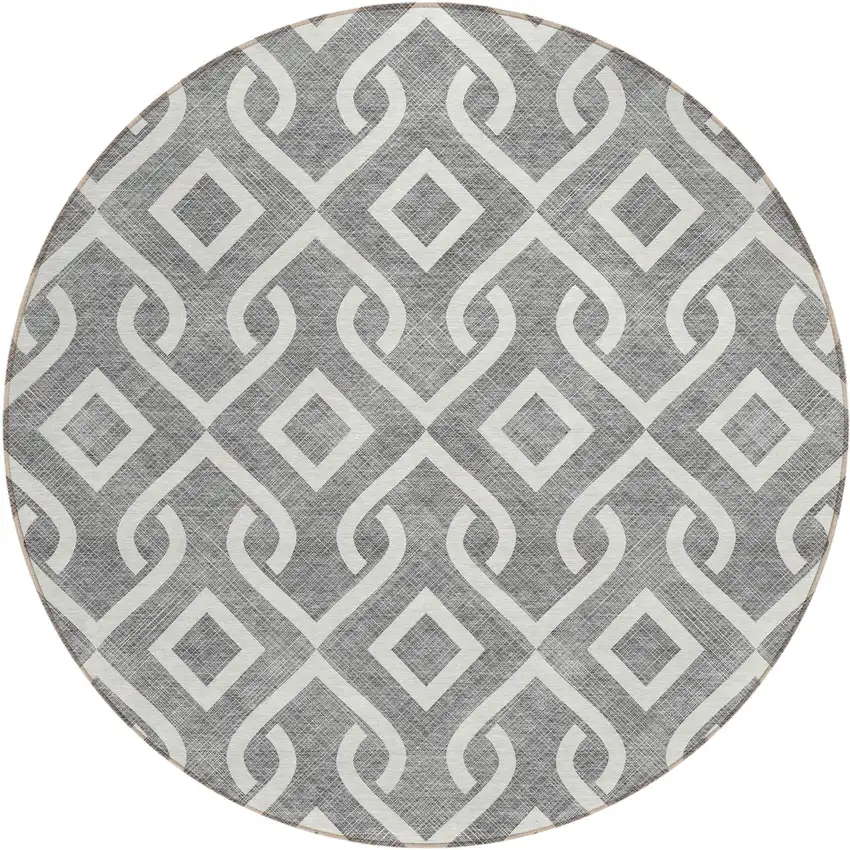 8' Gray And Ivory Round Geometric Washable Indoor Outdoor Area Rug Photo 2