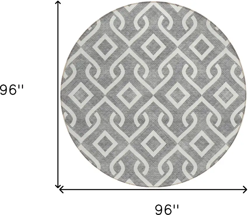 8' Gray And Ivory Round Geometric Washable Indoor Outdoor Area Rug Photo 3