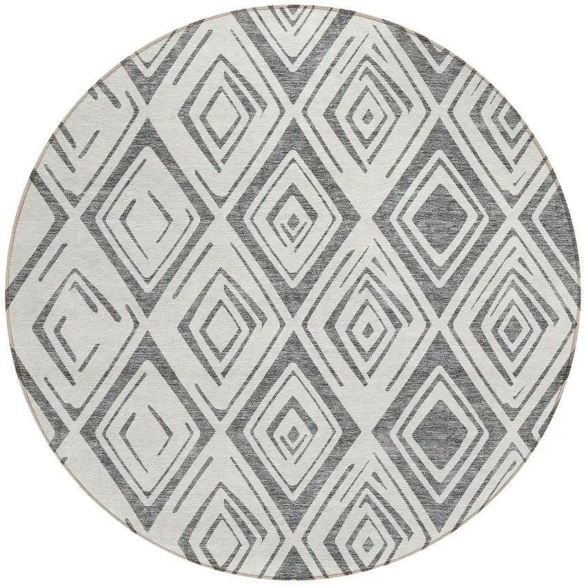 8' Gray And Ivory Round Geometric Washable Indoor Outdoor Area Rug Photo 6