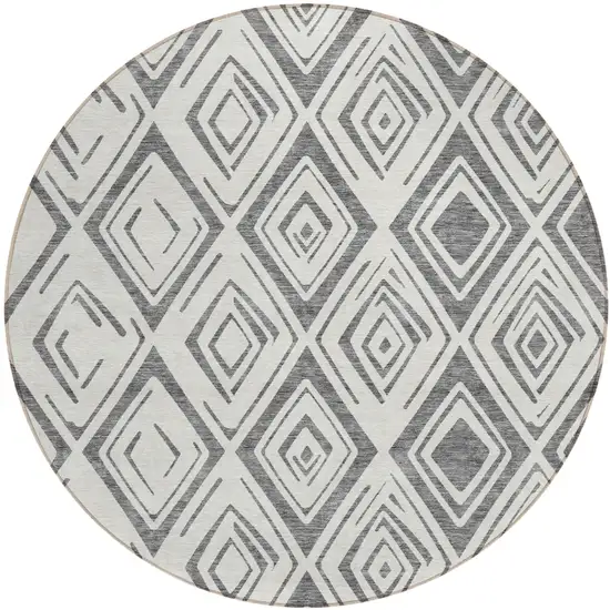 8' Gray And Ivory Round Geometric Washable Indoor Outdoor Area Rug Photo 2