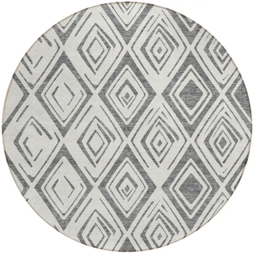 8' Gray And Ivory Round Geometric Washable Indoor Outdoor Area Rug Photo 2
