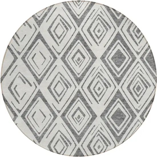 8' Gray And Ivory Round Geometric Washable Indoor Outdoor Area Rug Photo 2