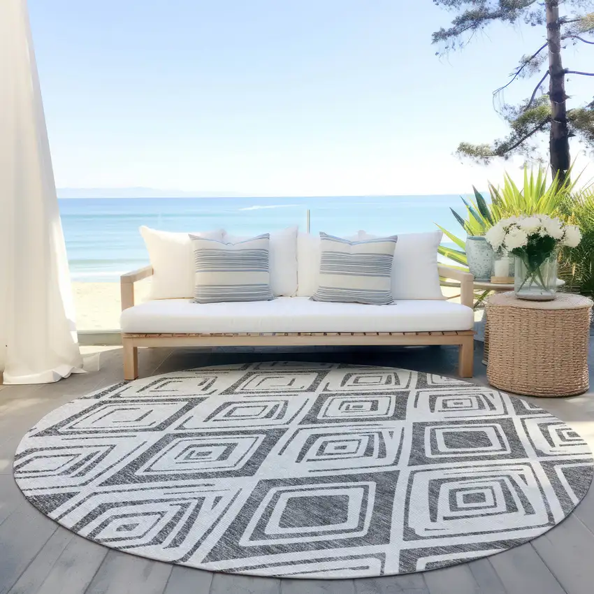 8' Gray And Ivory Round Geometric Washable Indoor Outdoor Area Rug Photo 7
