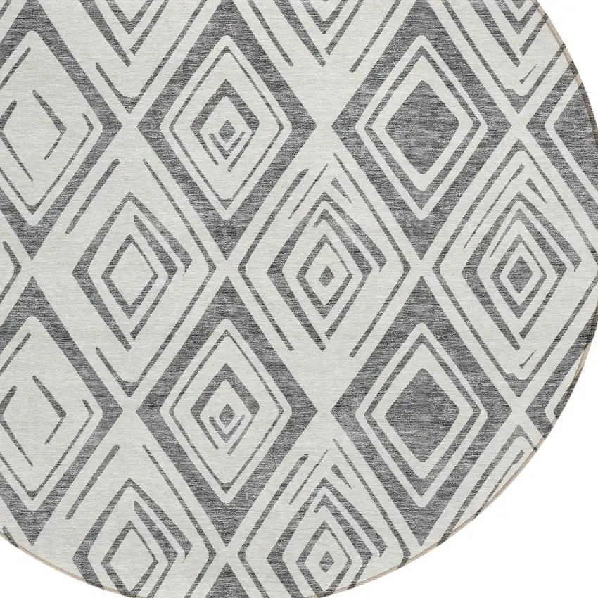 8' Gray And Ivory Round Geometric Washable Indoor Outdoor Area Rug Photo 4