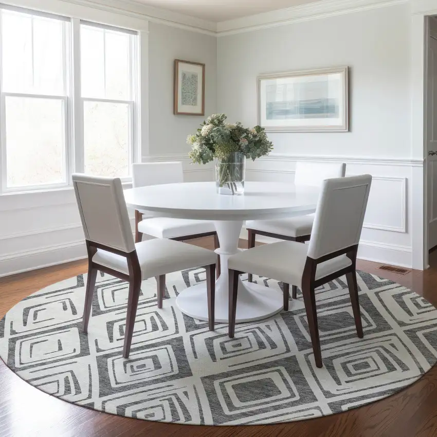 8' Gray And Ivory Round Geometric Washable Indoor Outdoor Area Rug Photo 8