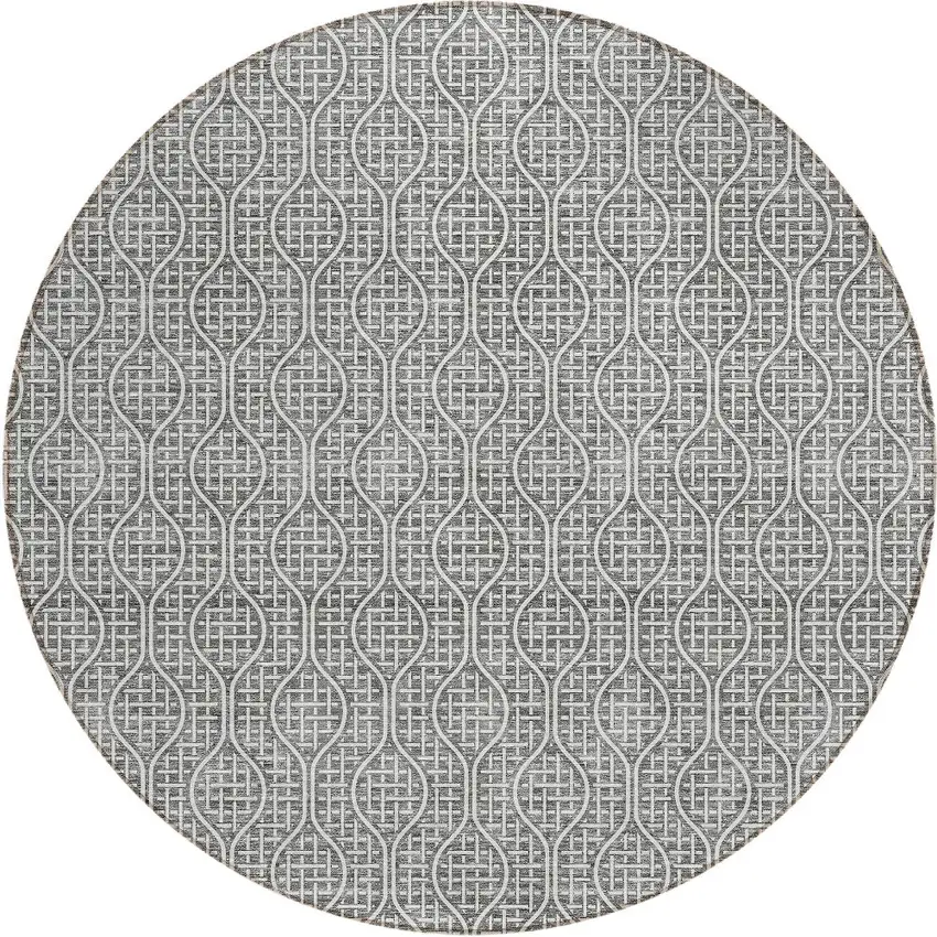 8' Gray And Ivory Round Geometric Washable Indoor Outdoor Area Rug Photo 6