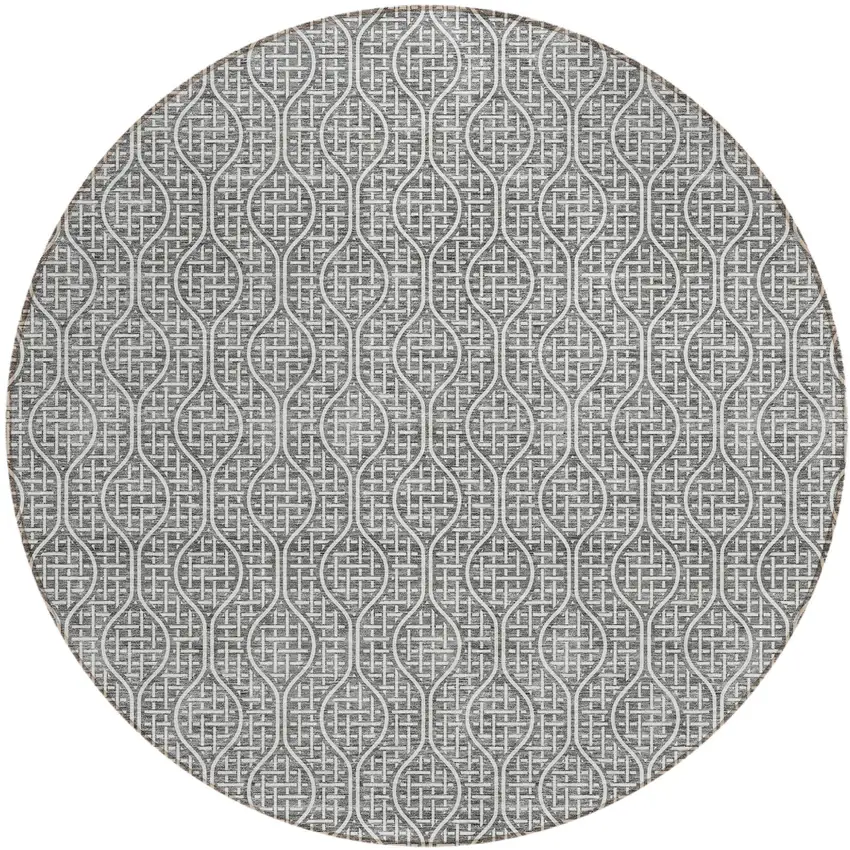 8' Gray And Ivory Round Geometric Washable Indoor Outdoor Area Rug Photo 2
