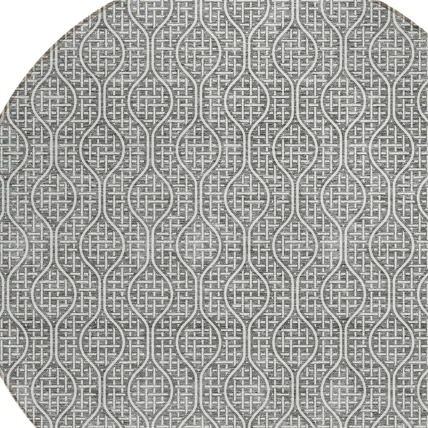 8' Gray And Ivory Round Geometric Washable Indoor Outdoor Area Rug Photo 5