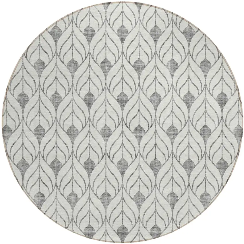 8' Gray And Ivory Round Geometric Washable Indoor Outdoor Area Rug Photo 2