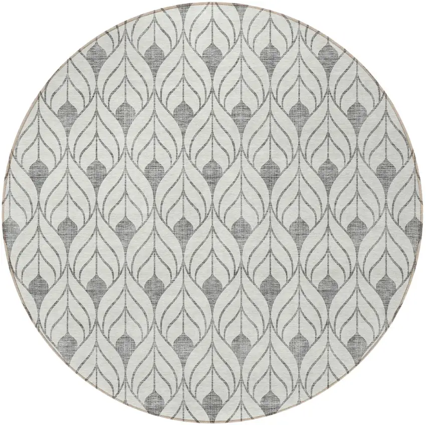 8' Gray And Ivory Round Geometric Washable Indoor Outdoor Area Rug Photo 4