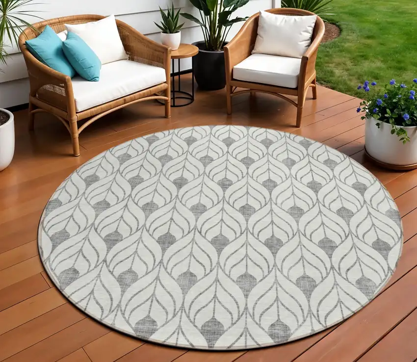 8' Gray And Ivory Round Geometric Washable Indoor Outdoor Area Rug Photo 1