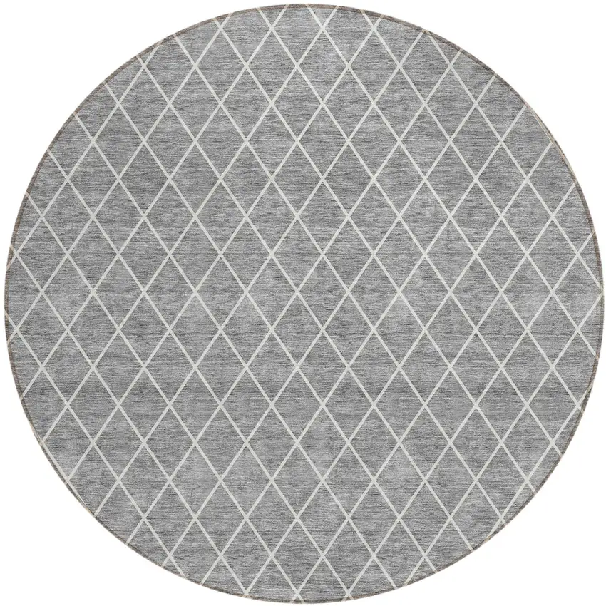 8' Gray And Ivory Round Geometric Washable Indoor Outdoor Area Rug Photo 2