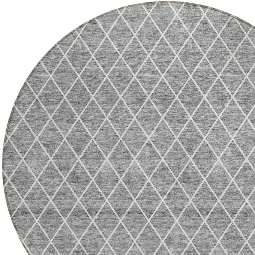 8' Gray And Ivory Round Geometric Washable Indoor Outdoor Area Rug Photo 5