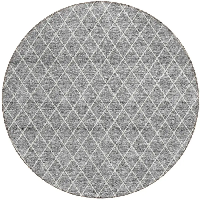 8' Gray And Ivory Round Geometric Washable Indoor Outdoor Area Rug Photo 6