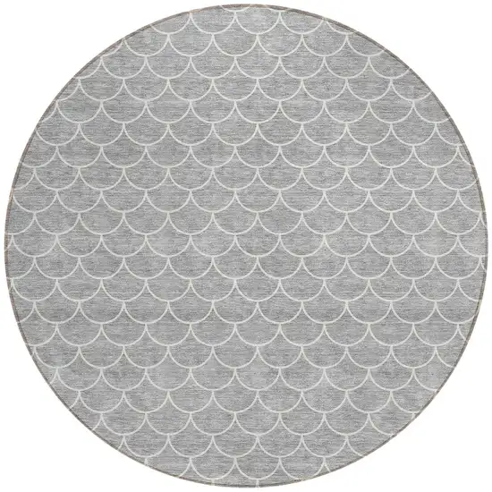 8' Gray And Ivory Round Geometric Washable Indoor Outdoor Area Rug Photo 6