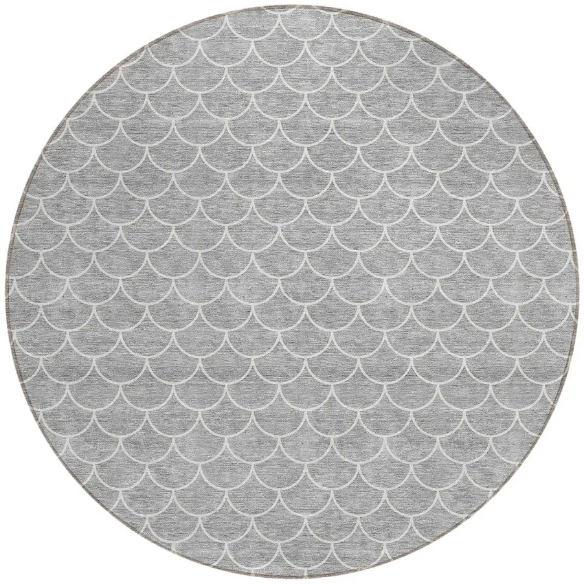 8' Gray And Ivory Round Geometric Washable Indoor Outdoor Area Rug Photo 6