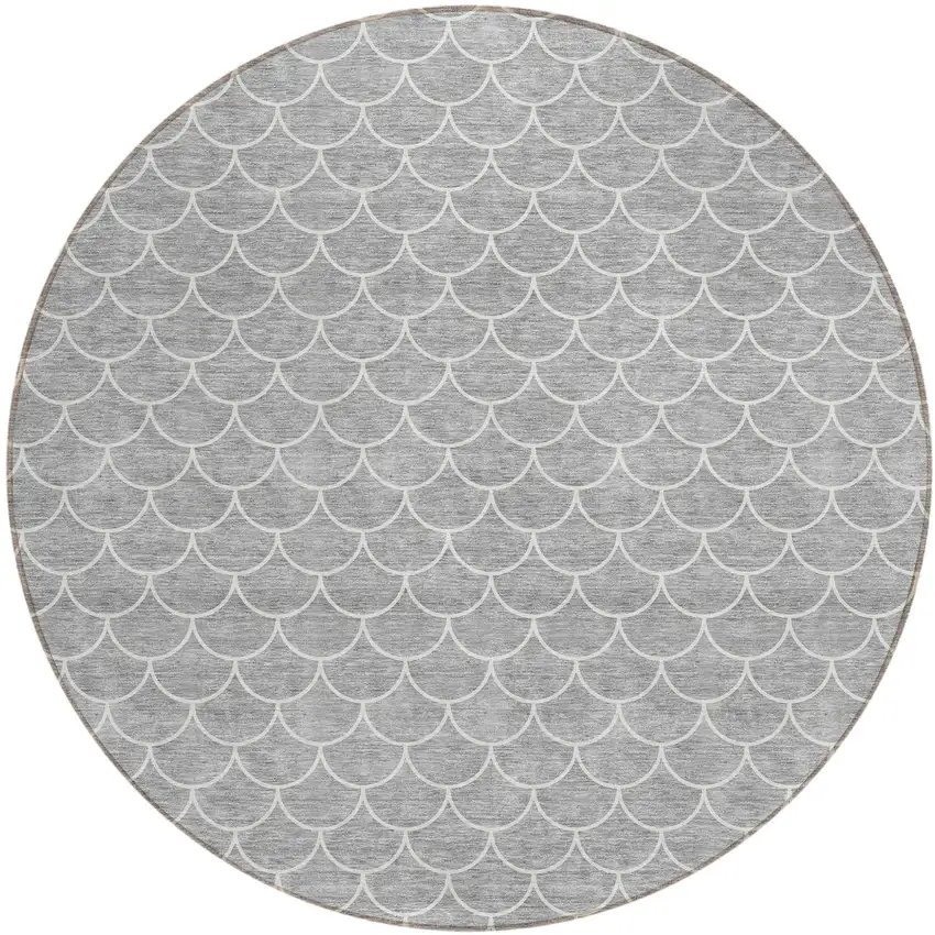 8' Gray And Ivory Round Geometric Washable Indoor Outdoor Area Rug Photo 2