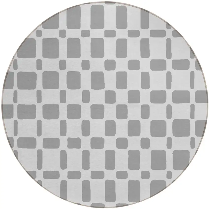 8' Gray And Ivory Round Geometric Washable Indoor Outdoor Area Rug Photo 2