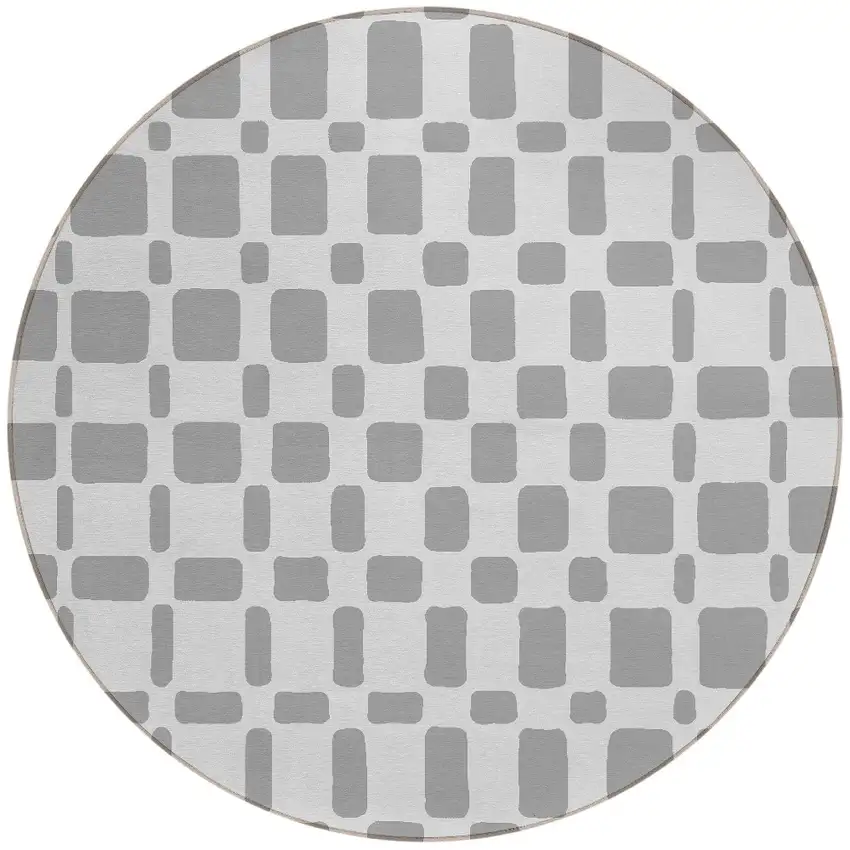 8' Gray And Ivory Round Geometric Washable Indoor Outdoor Area Rug Photo 5