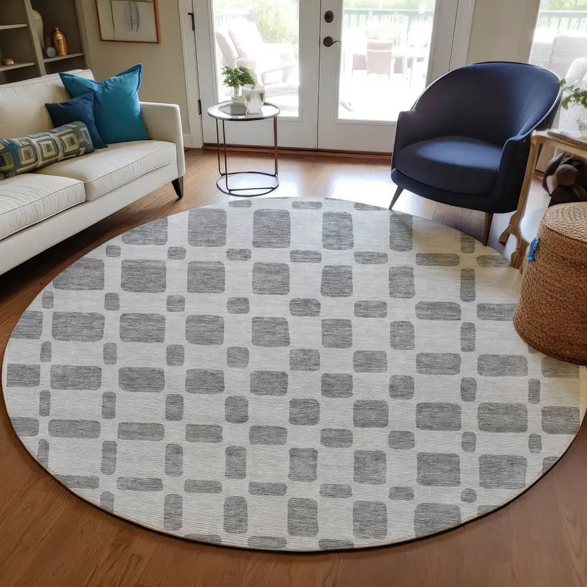 8' Gray And Ivory Round Geometric Washable Indoor Outdoor Area Rug Photo 7