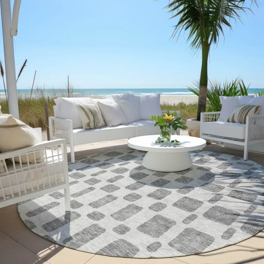 8' Gray And Ivory Round Geometric Washable Indoor Outdoor Area Rug Photo 6