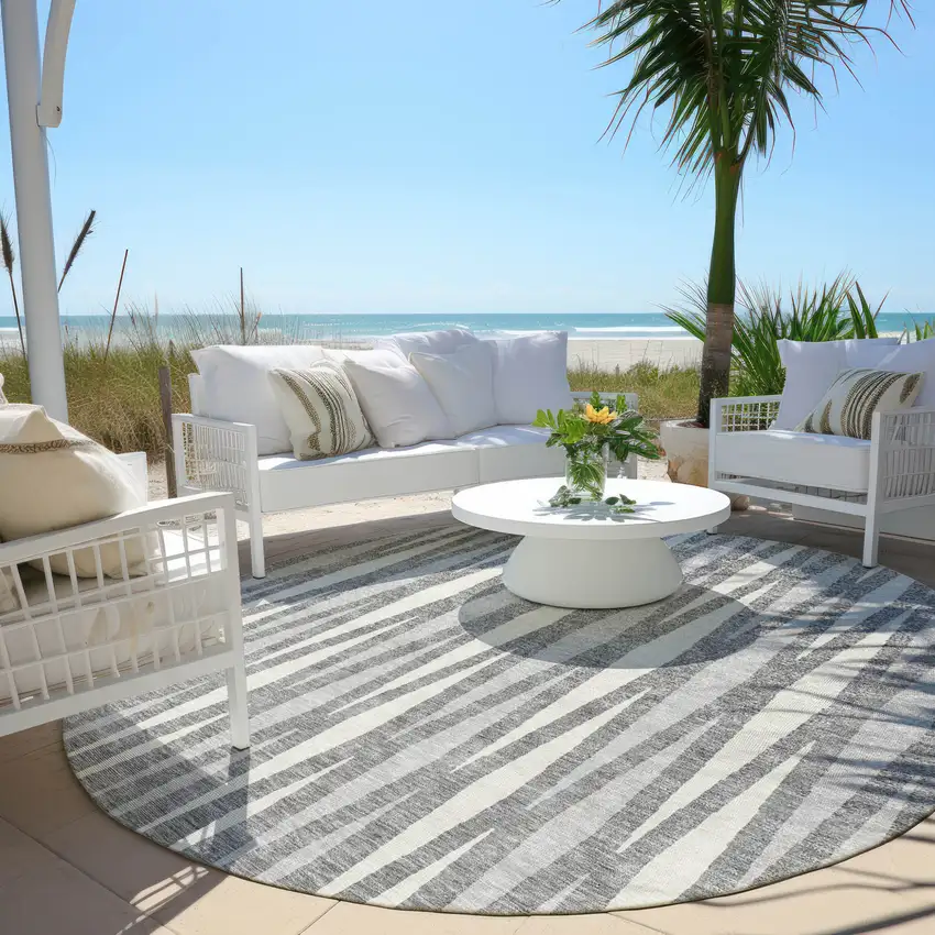 8' Gray And Ivory Round Geometric Washable Indoor Outdoor Area Rug Photo 6